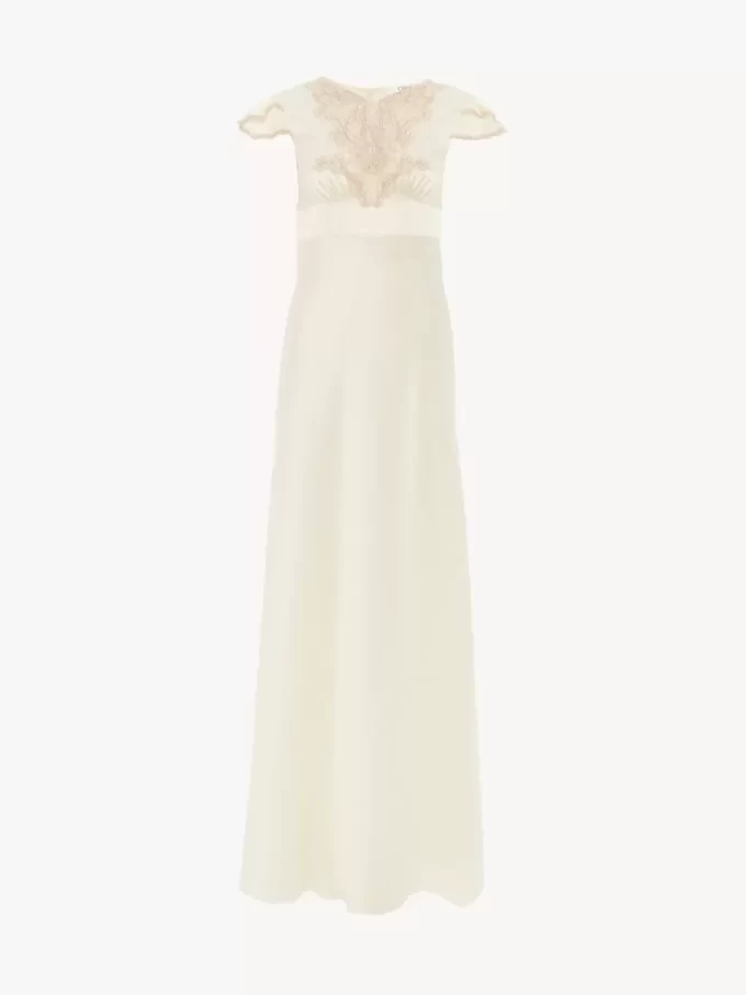 ウォッシュ加工のシルクサテンとレースを使用したキャップスリーブのコラムドレス