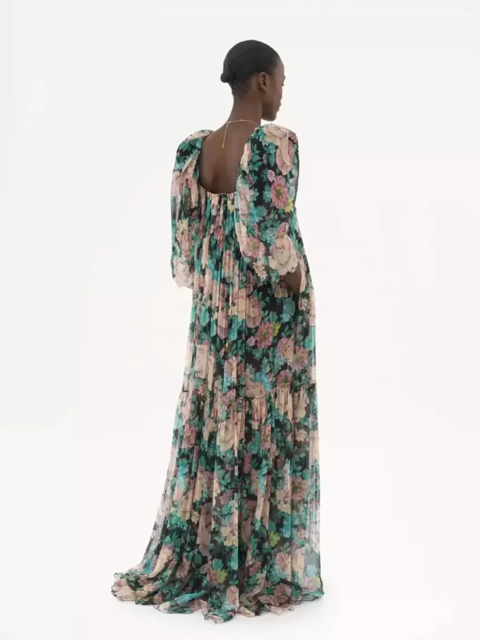 シルクムースリーヌのパフスリーブロングドレス シルクムースリーヌのパフスリーブロングドレス