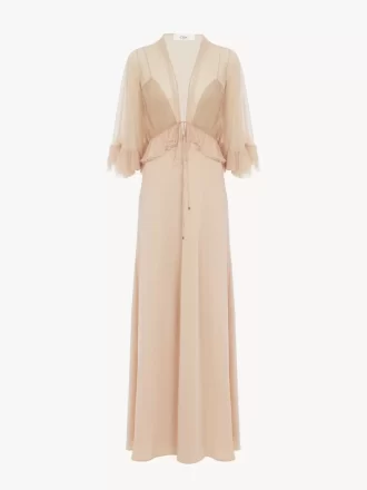 クレープサテンのVネックロングドレス